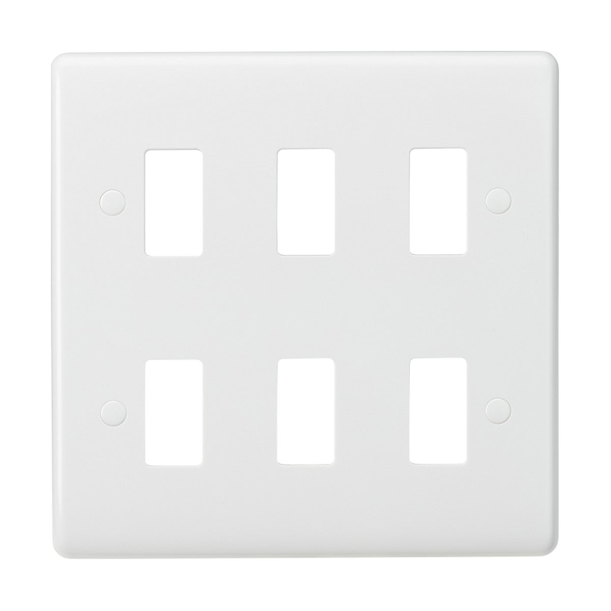 The 6 Gang Grid Faceplate is a white square wall plate made from durable thermoset resin. It features six rectangular openings for switches or outlets, showcasing smooth edges and a glossy finish. The design includes curved edge grids that elegantly complement its anti-microbial properties for improved hygiene.