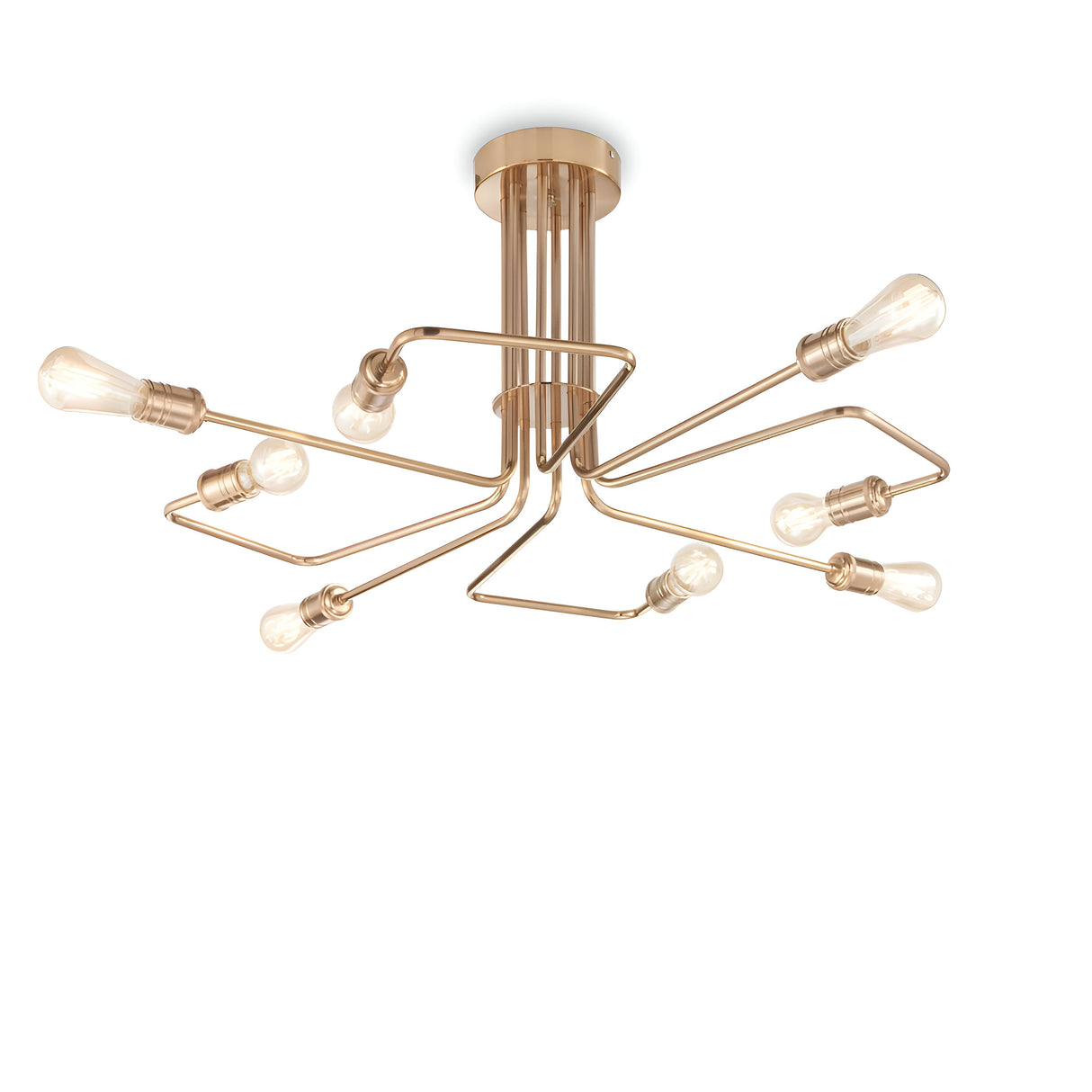 The Lustria 8 Light Ceiling Light in Brass showcases a sleek and artistic design with intertwined metal arms adorned with eight exposed, vintage-style bulbs. It has a modern semi-flush appearance, featuring a gold-toned finish that stands out against a white background.