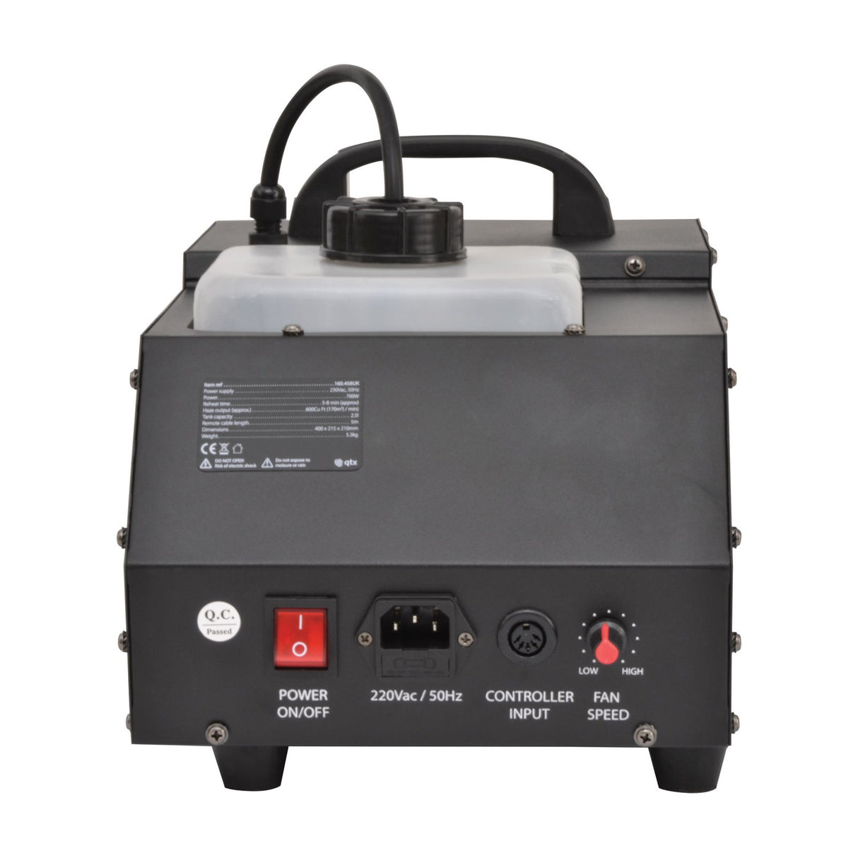 Rear view of the QTX FH-700 700W fog and haze machine showing power switch, IEC inlet, controller input, fan speed dial and translucent fluid tank.