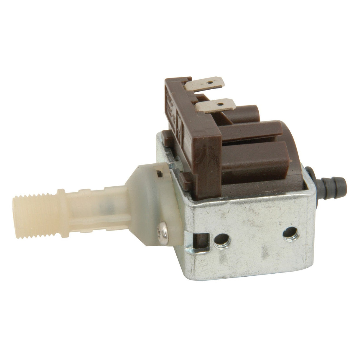 A close-up of a QTX Small Replacement Pump for Smoke Machines featuring a metal base, plastic nozzle, and multiple connectors on top. The pump is isolated on a white background, highlighting its detailed components and structure.