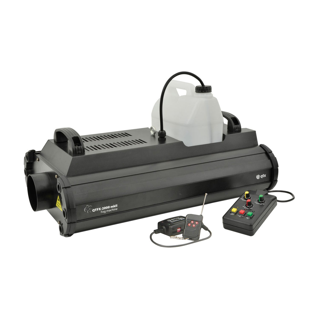 QTX QTFX-2000 MkII 2000W fog machine in matte black with side handles, 5-litre fluid tank, wired timer controller and wireless remote on a white background.