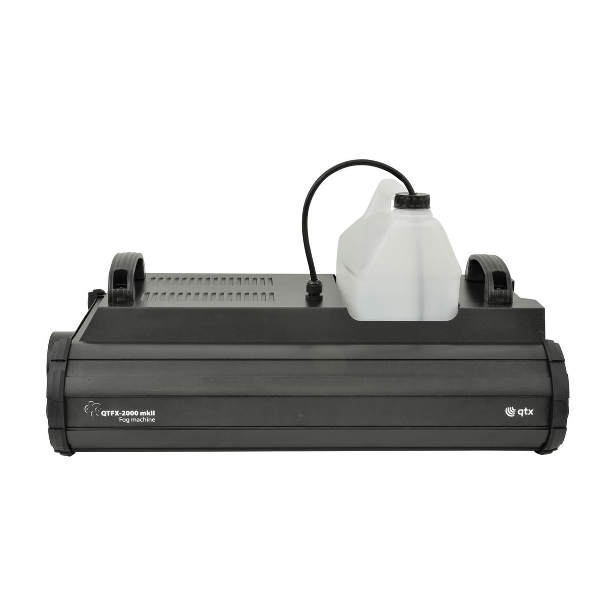 QTX QTFX-2000 MkII 2000W fog machine in matte black with side carry handles and a translucent 5-litre fluid tank connected on top, on a white background.