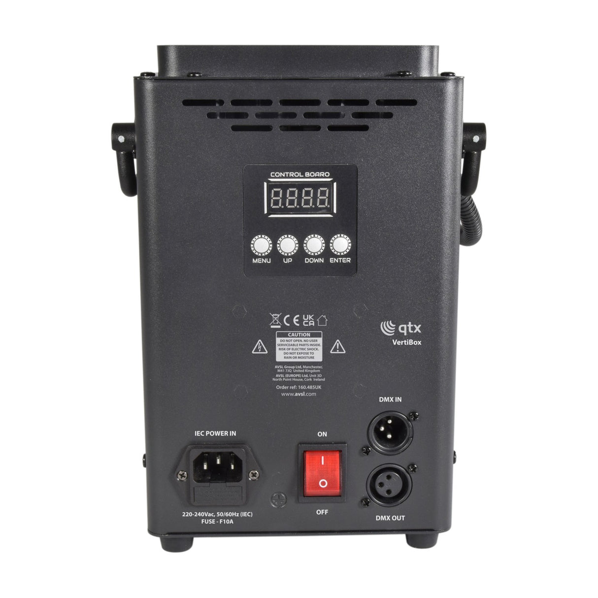 Rear panel of QTX VertiBox compact vertical LED fog machine showing LCD control board, menu buttons, IEC power inlet, on/off switch and DMX in/out ports.