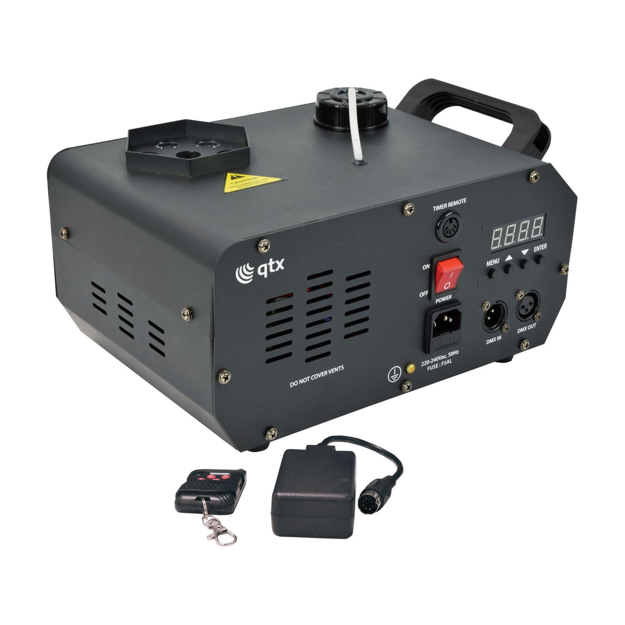 QTX FLARE-1000 vertical LED fog machine in black metal housing with top nozzle, control panel, DMX ports, plus RF remote and power adapter.