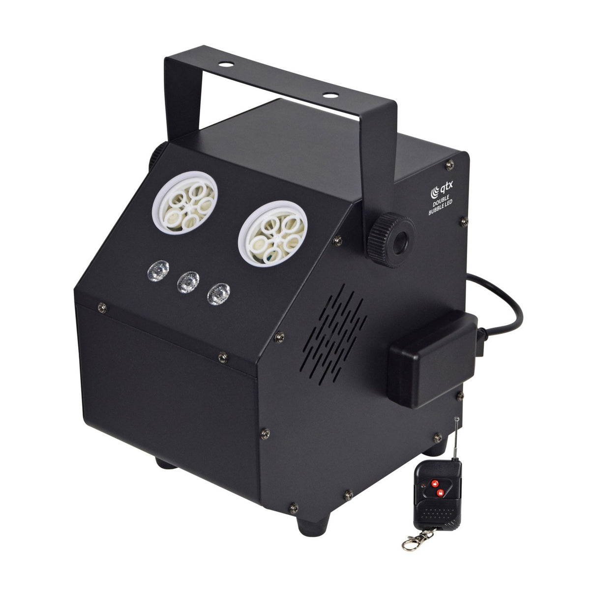 QTX Double Bubble LED RGB bubble machine in matte black with twin bubble wheels, three RGB LEDs, mounting bracket and wireless remote.