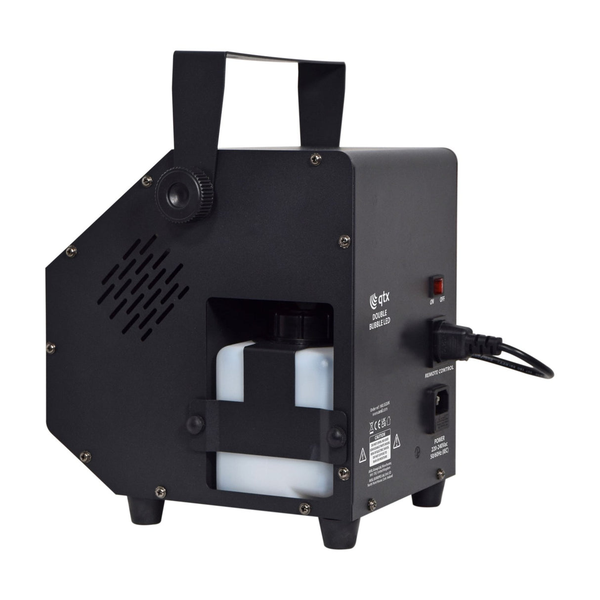 Rear view of the QTX Double Bubble LED RGB bubble machine by AVSL, showing the matte black casing, carry handle, fluid tank, IEC power inlet and on/off switch.