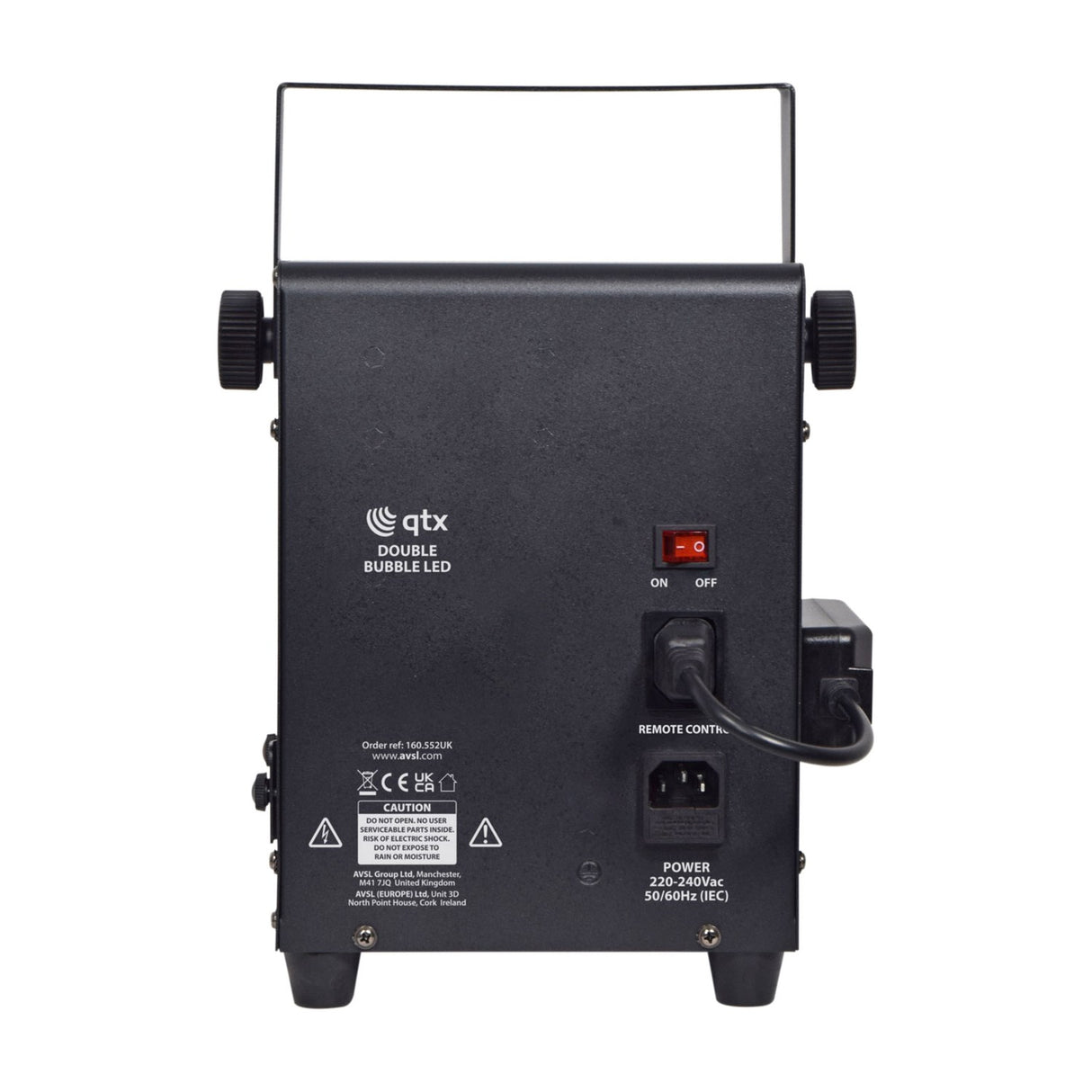 Rear view of the QTX Double Bubble LED RGB bubble machine by AVSL, showing the red on/off switch, IEC power inlet, remote control socket, and mounting bracket.