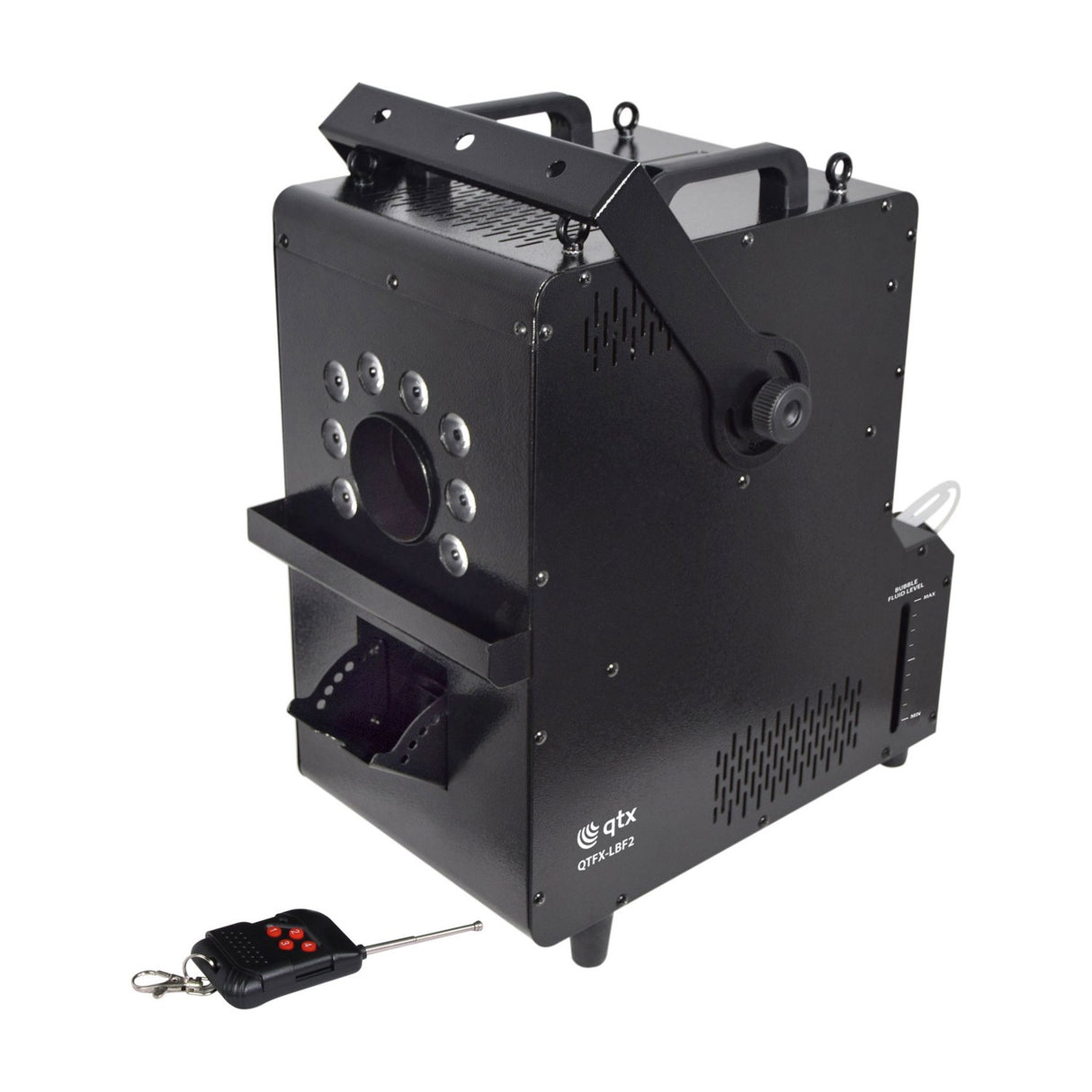 QTX QTFX-LBF2 800W LED bubble and fog machine in matte black steel with RGB LED front panel, bubble fluid gauge, and 433MHz keyfob remote.