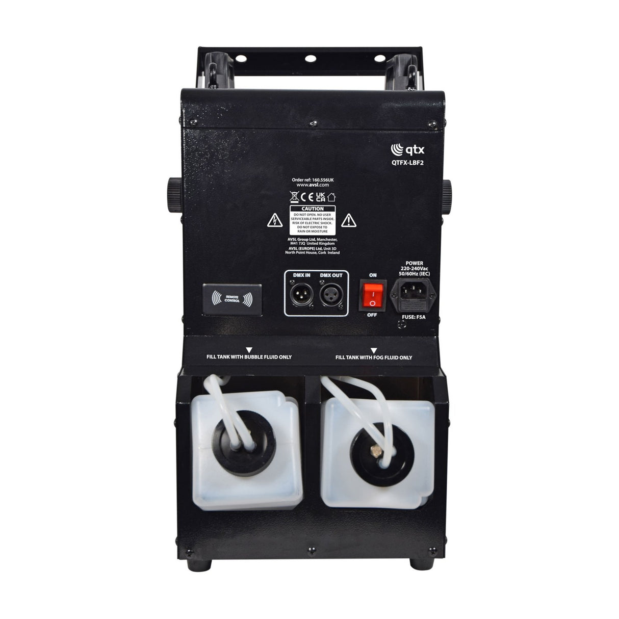 Rear view of the QTX QTFX-LBF2 bubble and fog machine with DMX in/out, IEC power inlet, on/off switch, and two removable fluid tanks below.