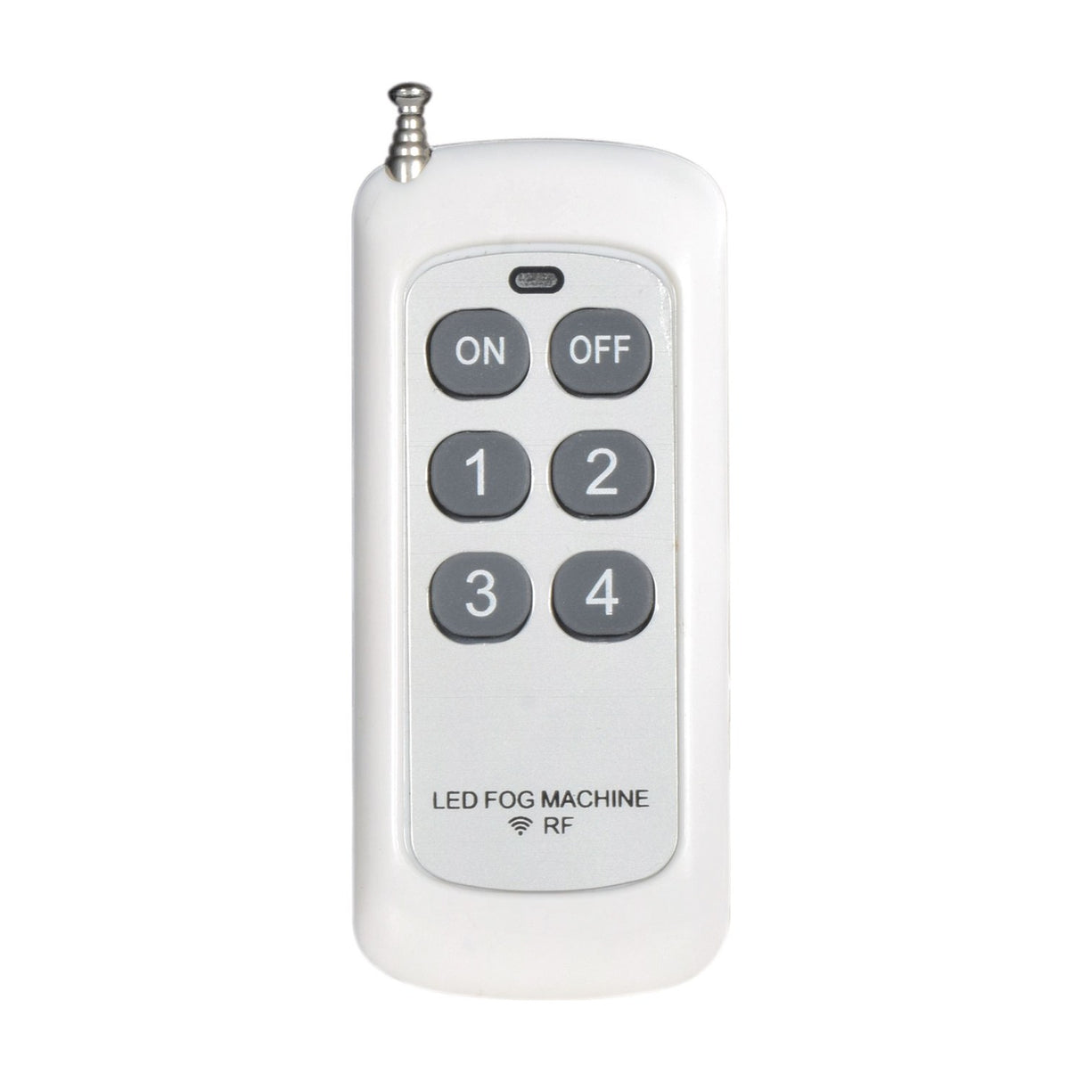 QTX FogoSphere RF remote control with ON, OFF and numbered 1-4 grey buttons, white casing and short antenna, shown on a plain white background.