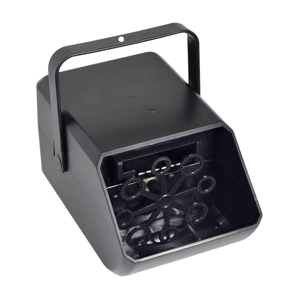 QTX Mini Bubble USB compact portable bubble machine in matte black with carry handle and eight-wand wheel visible at the front, on a white background.