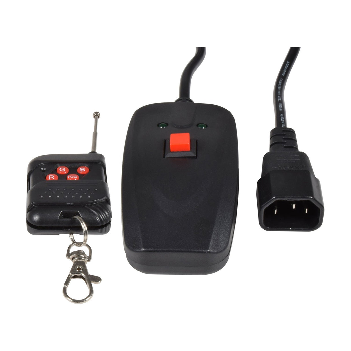 QTX 800W LED Snow Machine wired remote with red button, RF keyfob remote with RGB and fog buttons, and IEC power connector on white background.