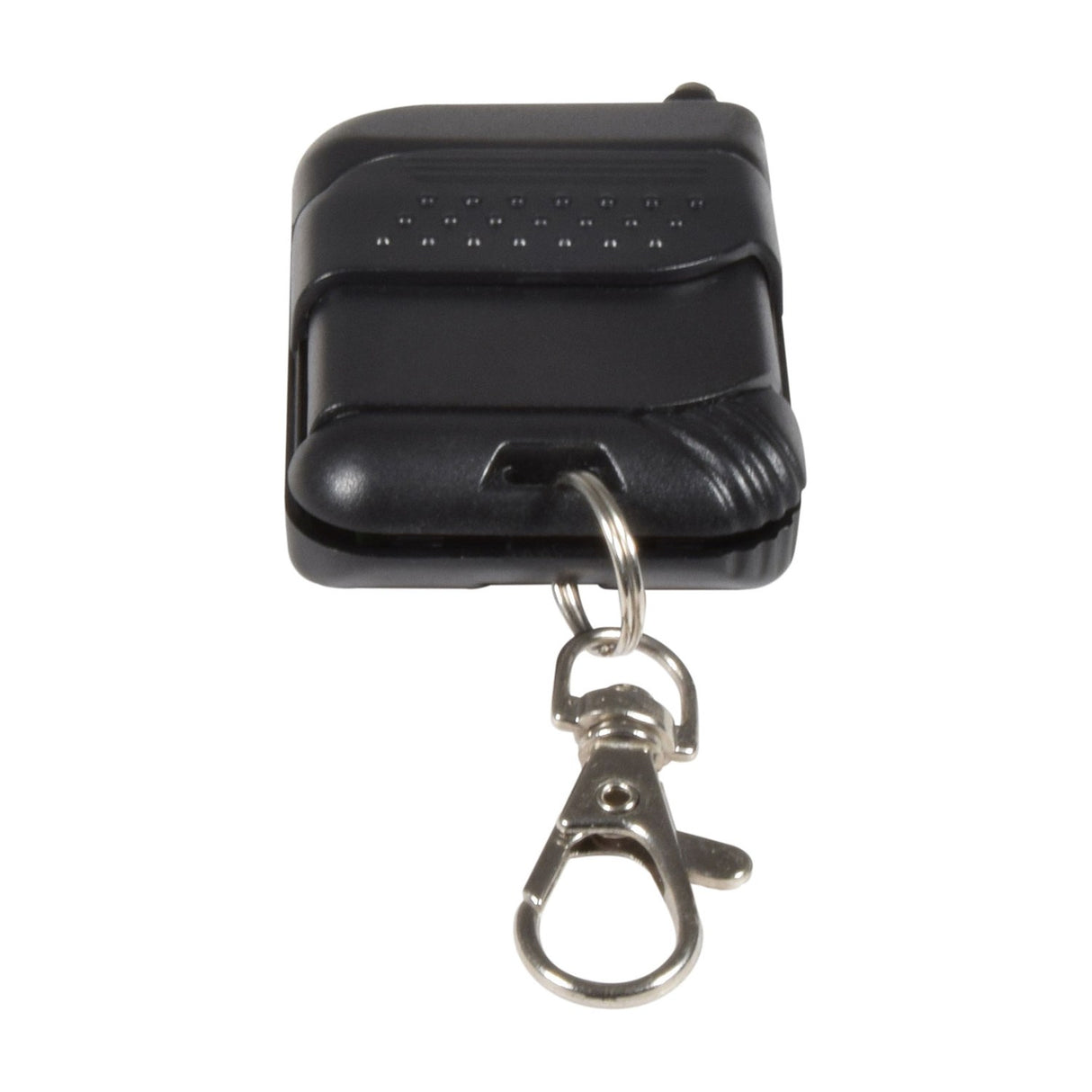 Compact black RF keyfob remote with metal split ring and lobster clasp, included with the QTX 800W LED snow machine, on a white background.