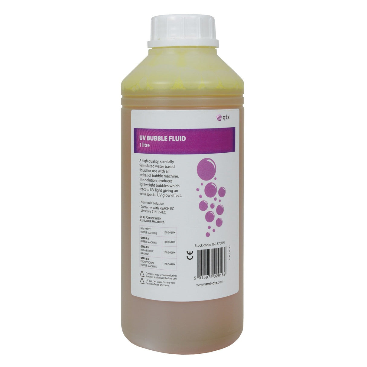 A 1-liter bottle of QTX UV Bubble Fluid with a white cap, featuring a label adorned with purple bubble graphics and usage instructions. Enriched with Sodium Laureth Sulfate, it is formulated to produce bubbles that glow under UV light.