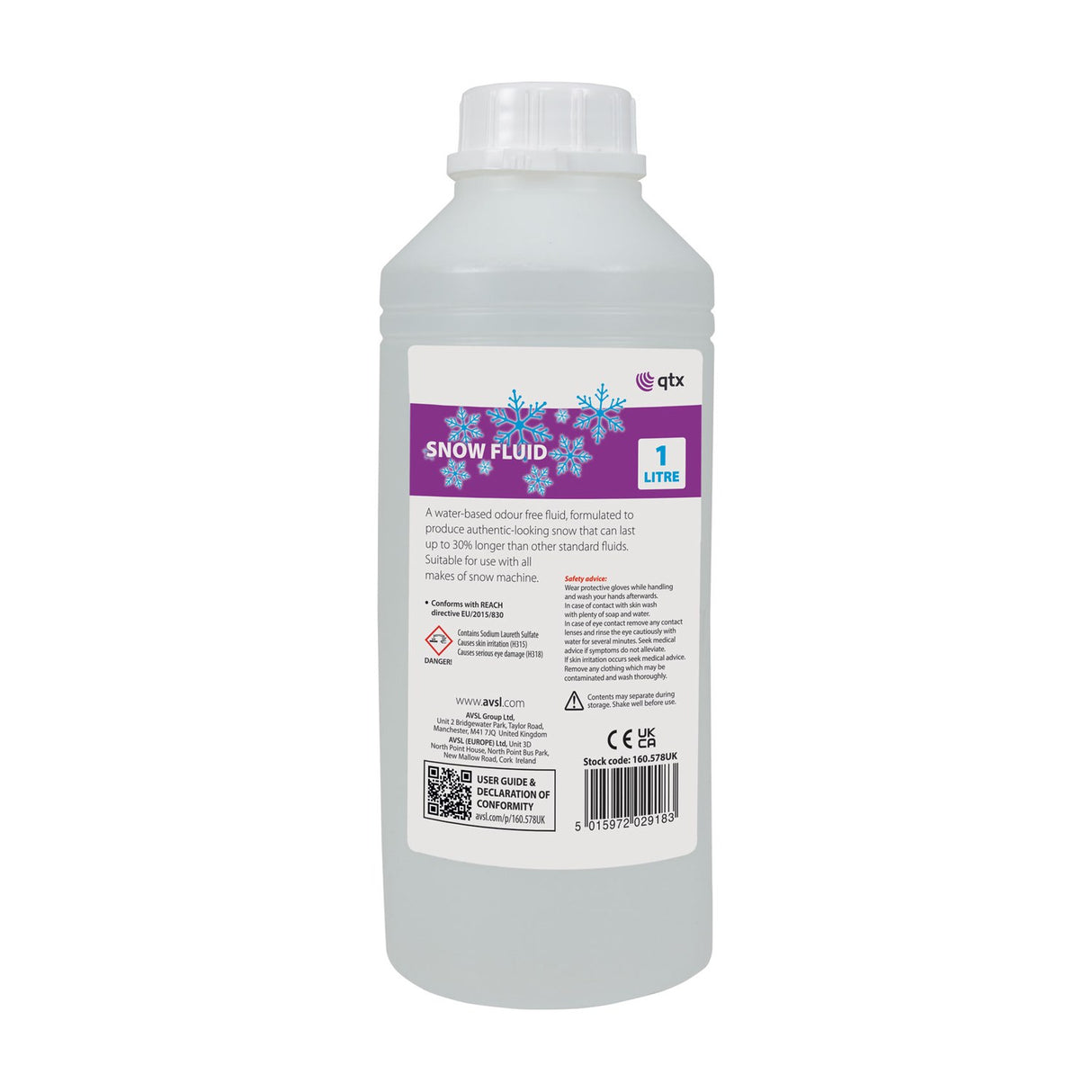 QTX Snow Fluid 1L bottle from AVSL with translucent plastic body, white screw cap, and purple snowflake label, shown on a plain white background.