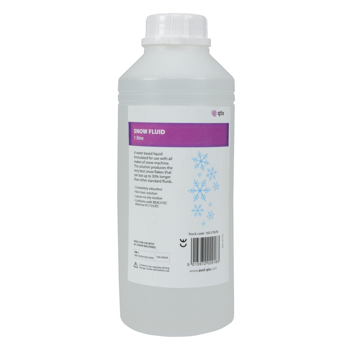 A white bottle with the label "QTX Snow Fluid 1L" is ideal for producing authentic-looking snow with your snow machine. The label features blue snowflake designs and product information written in English, and the bottle has a capacity of 1 liter.