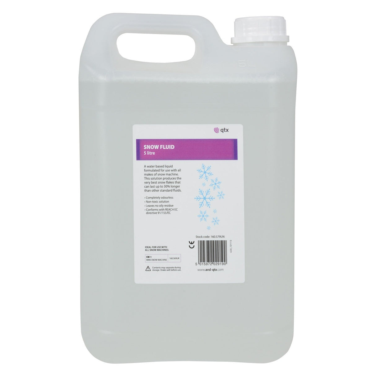 A 5-liter clear plastic container featuring a handle and a white cap contains QTX Snow Fluid, adorned with snowflake graphics on the label. This water-based fluid is designed for snow machines to create authentic-looking snow effects, perfect for achieving a realistic winter wonderland.