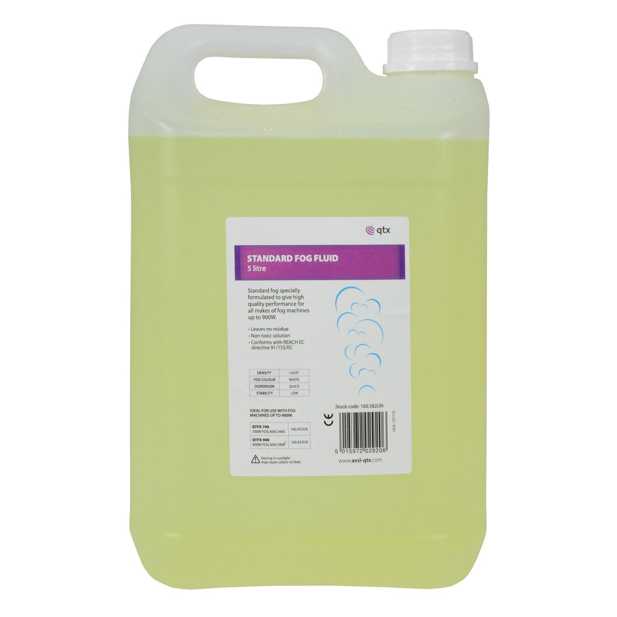 The image features a 5-liter container of QTX Standard Fog Fluid Yellow, perfect for your fog machine. The transparent container with a handle and white cap showcases a purple and white label displaying non-toxic product information and illustrations of fog.