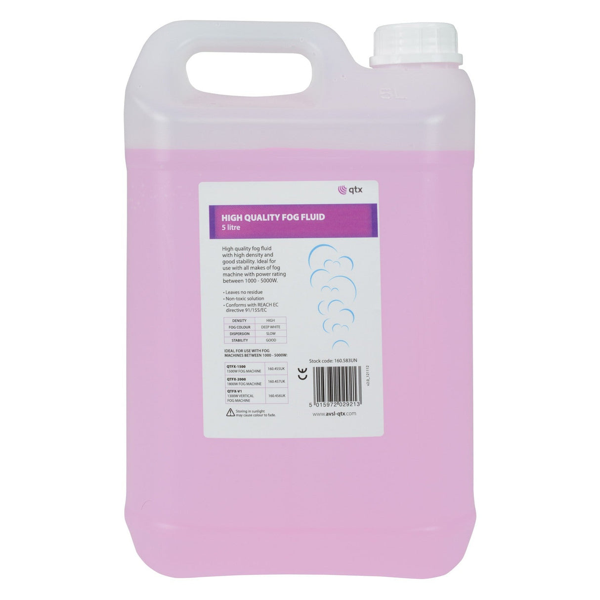 A transparent 5-liter container filled with pink liquid labeled "QTX High Quality Fog Fluid Pink 5L," ideal for any fog machine. This water-based solution is non-toxic and safe for all environments. The container is adorned with text and graphics on the label and sealed with a white cap.