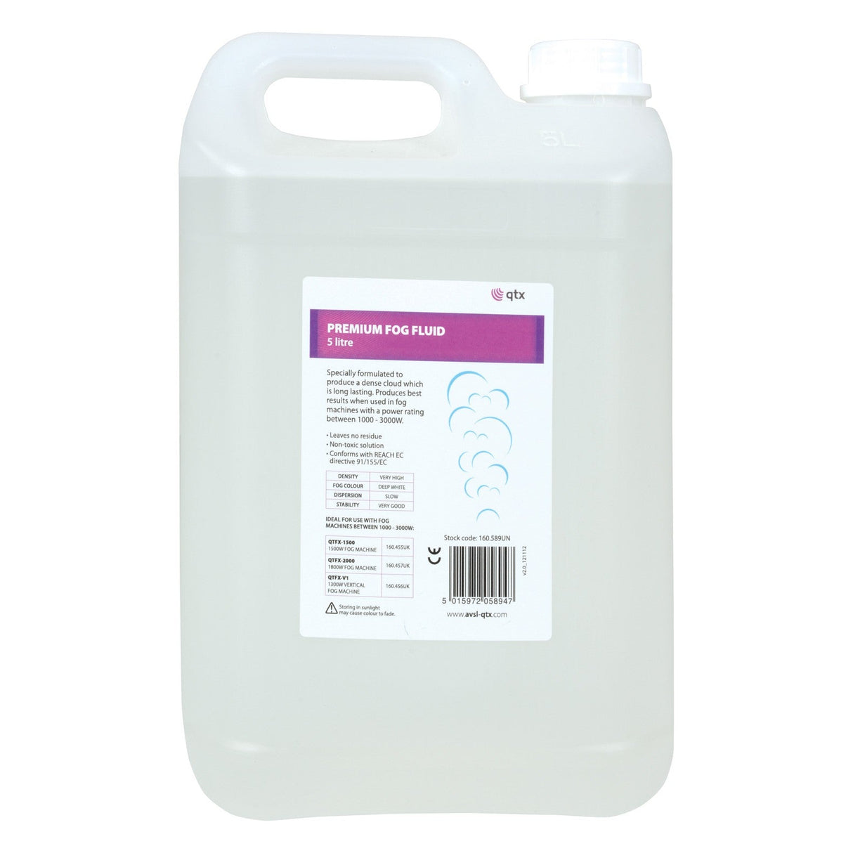 A large, clear container with a handle and cap is labeled QTX Premium Fog Fluid Clear 5L. Specifically formulated for fog machines, this non-toxic fluid creates a dense fog effect. The label features detailed product information and cloud graphics, highlighting its transparent liquid content ideal for theatrical settings.