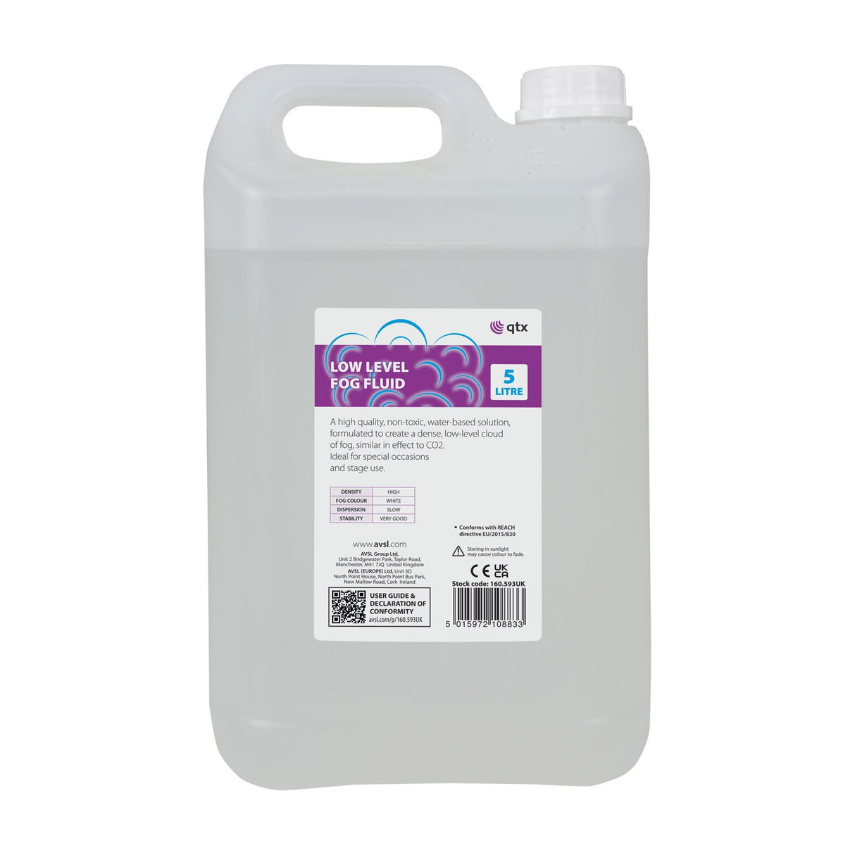 QTX Low Level Fog Fluid 5L container by AVSL, translucent plastic jerrycan with side handle and screw cap, purple and white label, on a plain background.