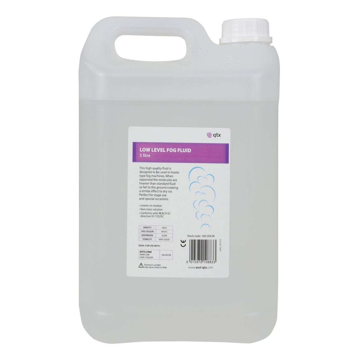 A clear 5-liter plastic container labeled QTX Low Level Fog Fluid, featuring a handle and a white cap, is adorned with a purple and white sticker displaying text and cloud illustrations. This non-toxic fog fluid is perfect for stage use on special occasions.