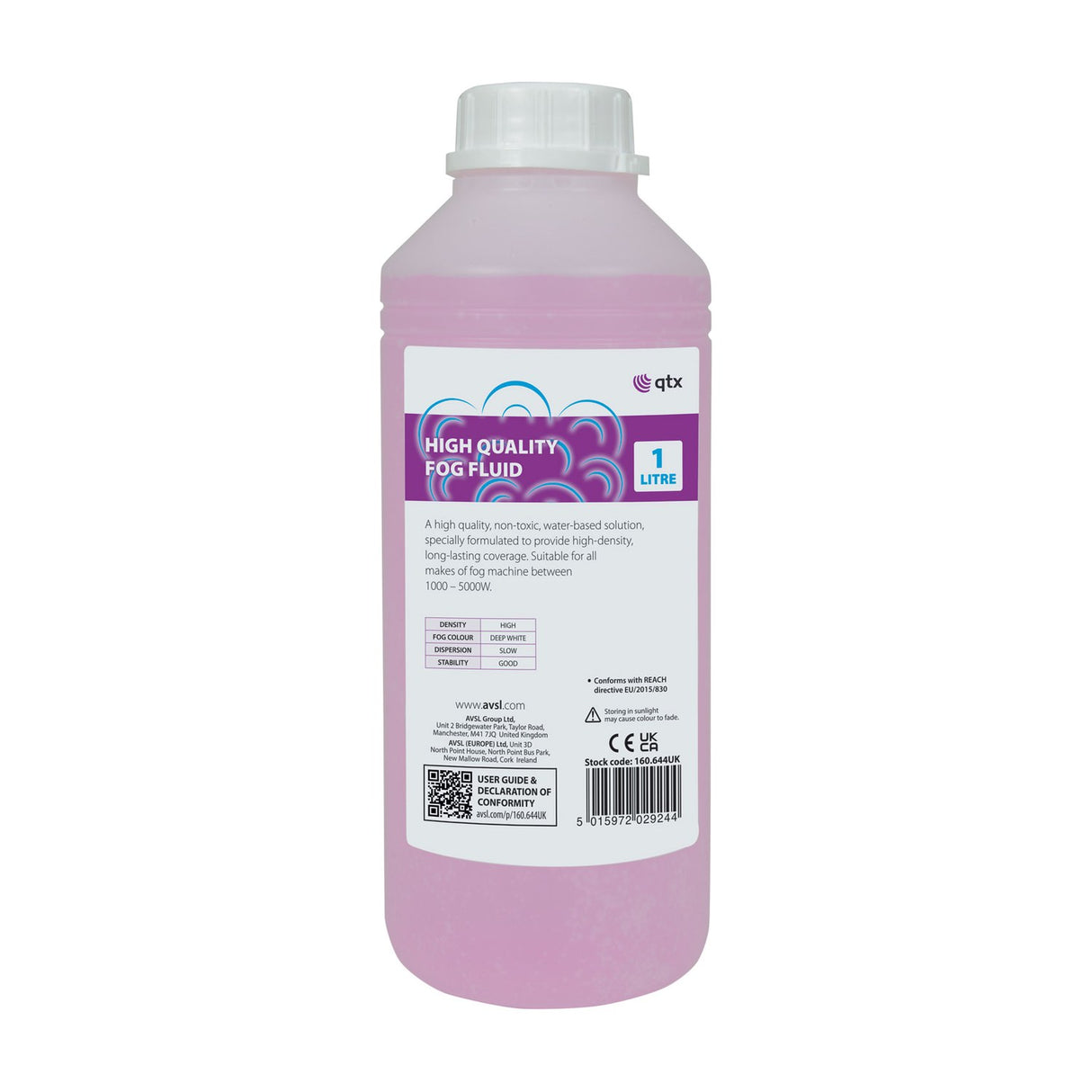 QTX High Quality Fog Fluid 1L bottle from AVSL with pink-tinted liquid and white screw cap, purple and white label, on a plain background.