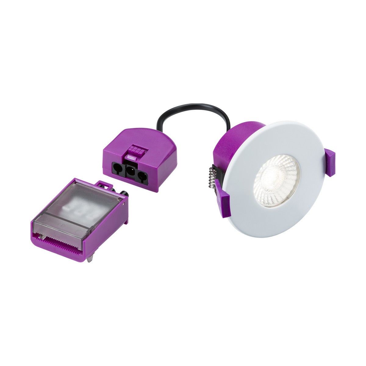 The image depicts the SpektroLED Evo Dimmable Fixed Fire Rated LED 4-CCT Downlight, renowned for its energy-efficient lighting and circular design. A black wire connects it to a small purple component, and another purple part with a clear cover is situated nearby, potentially acting as the power supply or control unit.