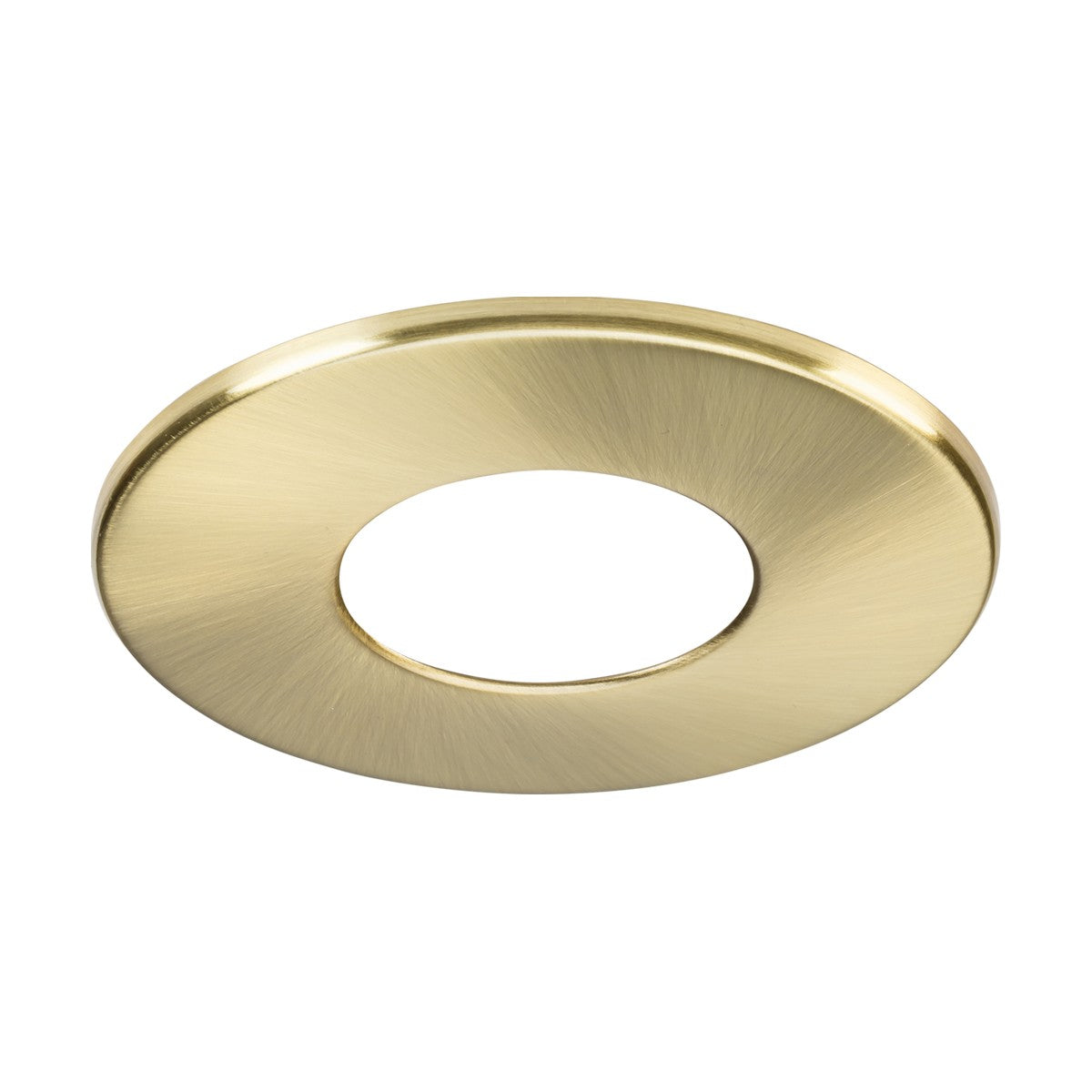 Viewed from a slight angle against a white background, the Fixed Bezel For SpektroLED Evo - Brushed Brass is a circular metal trim ring with a hollow center, featuring a sleek design and a brushed brass finish reminiscent of the elegance found in magnetic bezels.