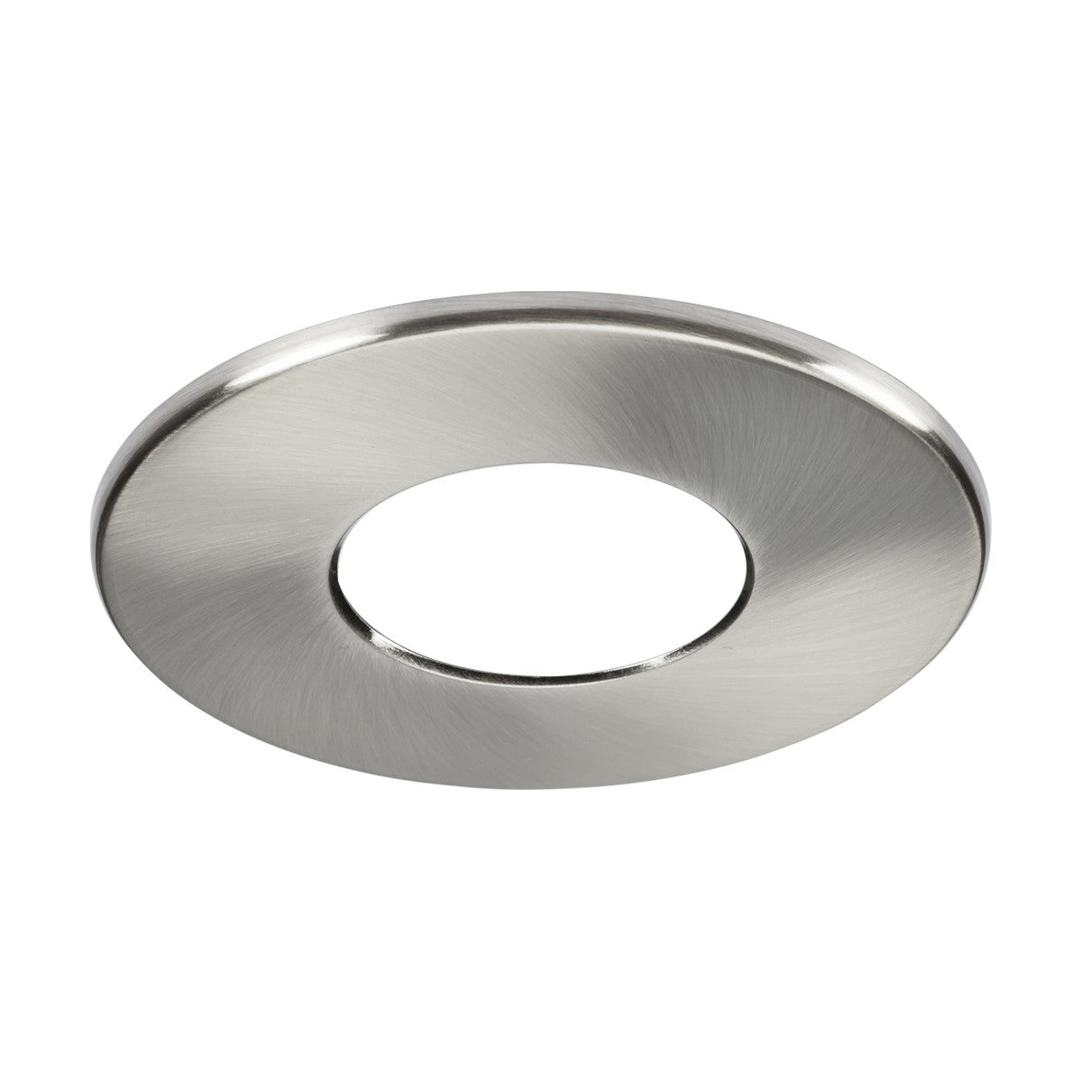 A Fixed Bezel for the SpektroLED Evo in brushed chrome, featuring a large central opening, is perfect for accommodating your lighting needs. Its smooth, matte finish provides a sleek and modern look while highlighting subtle texture and color variations. Ideal for configurations requiring a fire-rated downlight or magnetic bezel.