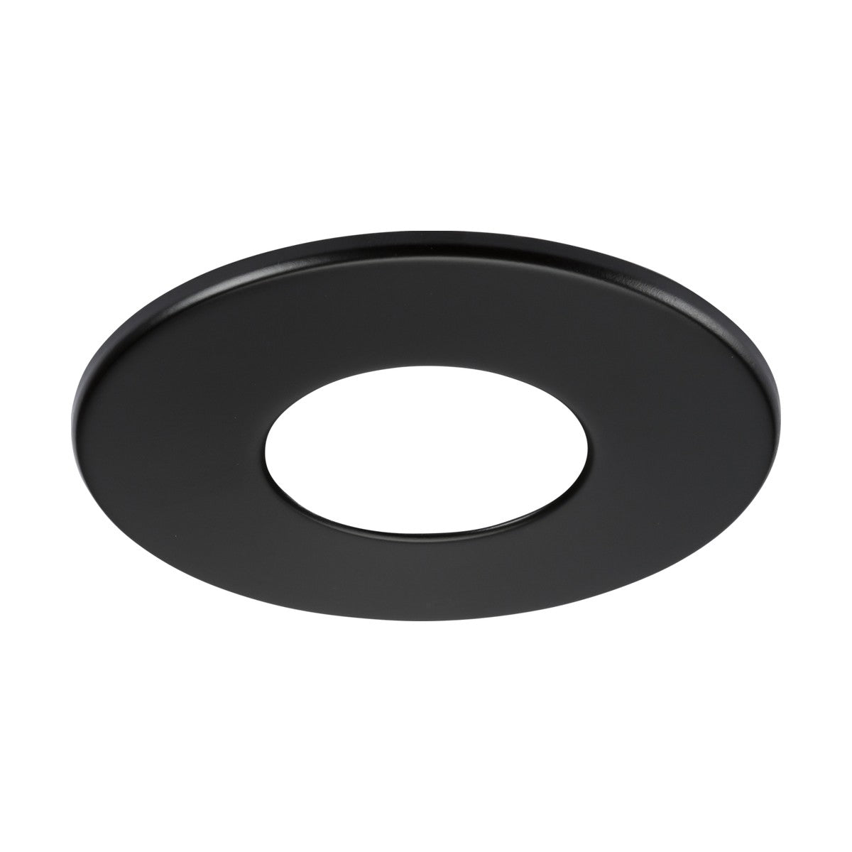 The Fixed Bezel For SpektroLED Evo in matt black features a sleek circular design with a large central opening, intended for mounting as a trim or cover for downlight fixtures. Its smooth finish subtly reflects light when set against a plain white background.