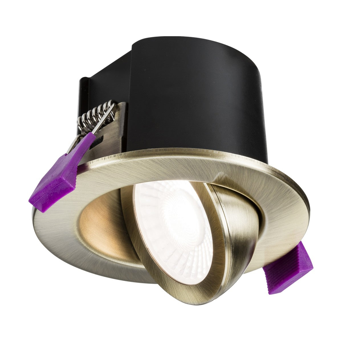 The SpektroLED Evo Dimmable Tilt Fire Rated LED 4-CCT Downlight in antique brass offers a contemporary IP65 recessed ceiling light design with an adjustable LED bulb and integrated fire-rated technology. It comes with purple clips to facilitate easy installation.