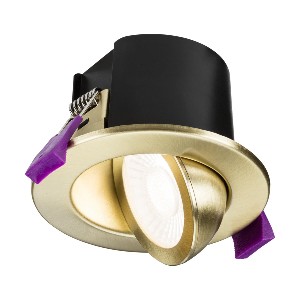 The SpektroLED Evo Dimmable Tilt Fire Rated LED 4-CCT Downlight in brushed brass boasts a black cylindrical housing and features a visible LED bulb along with distinctive purple adjustment clips. This IP65-rated downlight delivers energy-efficient lighting that complements any modern interior.