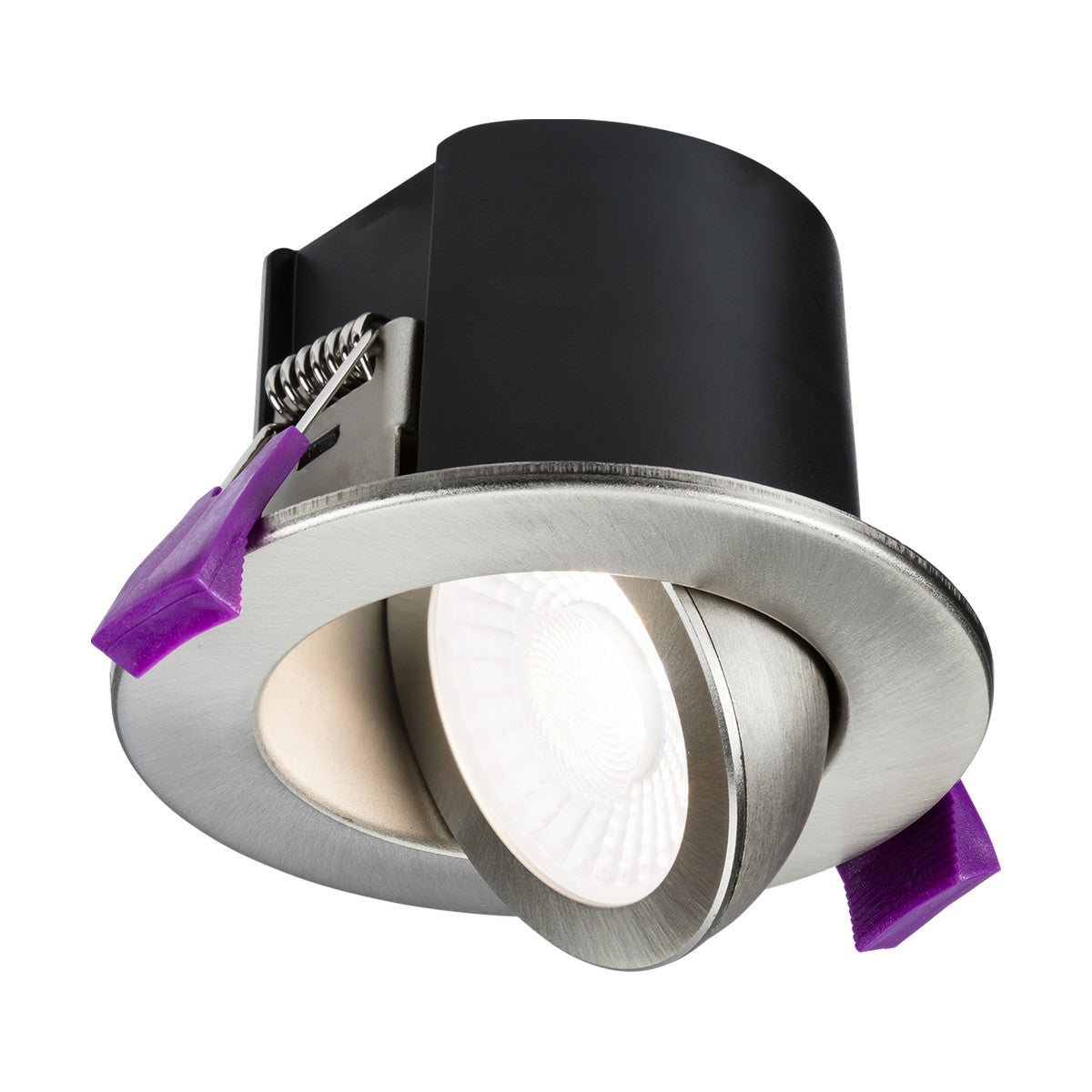 The SpektroLED Evo Dimmable Tilt Fire Rated LED 4-CCT Downlight is a recessed ceiling light fixture in brushed chrome, featuring a tiltable LED encased in black housing. It includes purple spring-loaded clips for easy installation and comes with an IP65 rating for safety and durability.