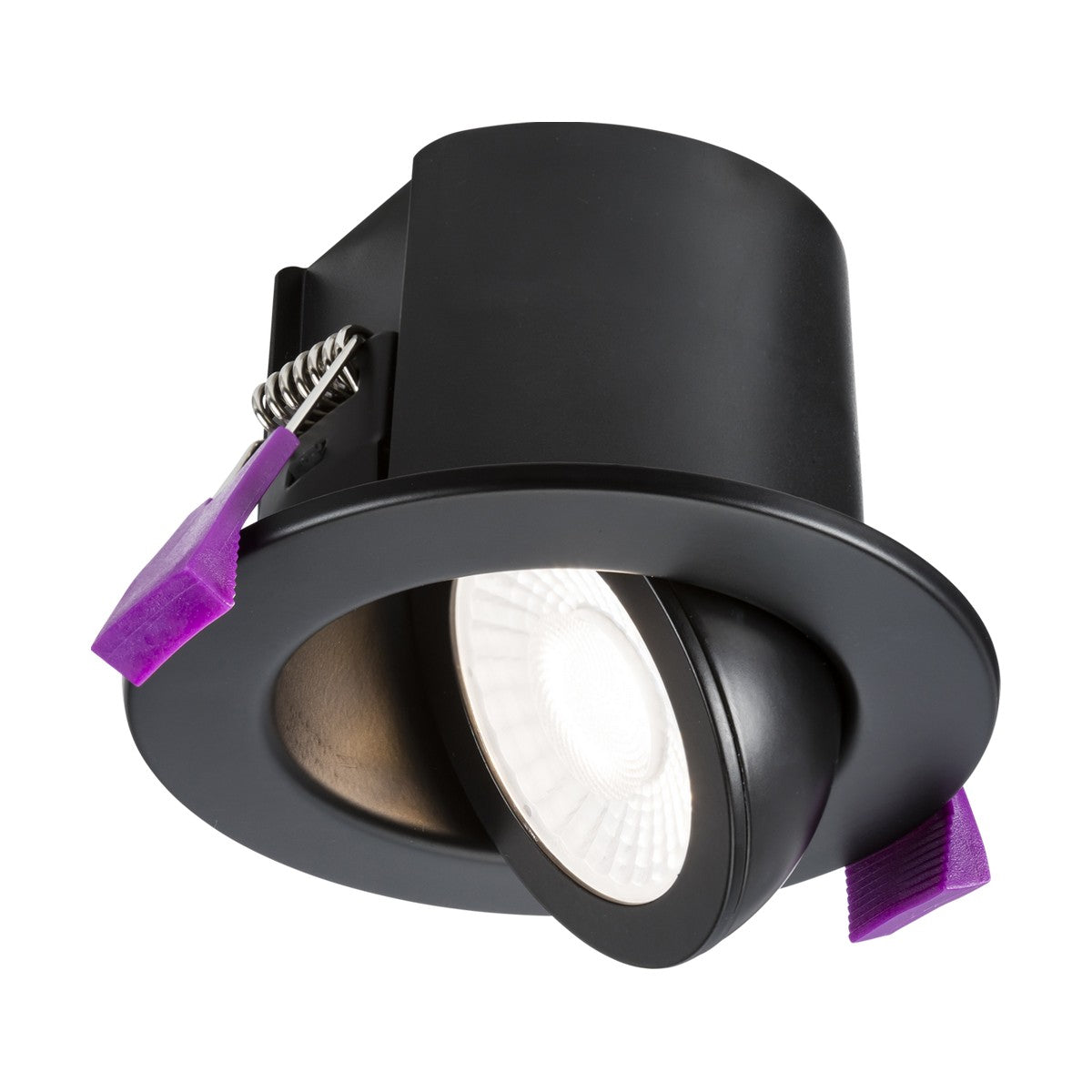 The SpektroLED Evo Dimmable Tilt Fire Rated LED 4-CCT Downlight in Matt Black offers versatile lighting with its IP65 rating and adjustable swivel feature. Its modern design is highlighted by purple mounting clips and a visible bulb, making it a reliable choice for any setting.