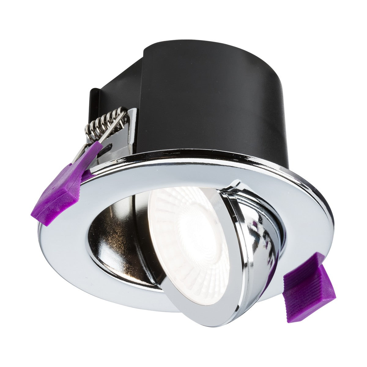 A close-up of the modern SpektroLED Evo Dimmable Tilt Fire Rated LED 4-CCT Downlight showcases its polished chrome finish and IP65 tilt design. The light is encased in black casing with two visible purple clips on the edges.
