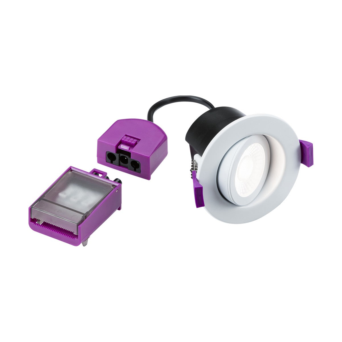 Close-up of the SpektroLED Evo Dimmable Tilt Fire Rated LED 4-CCT Downlight, showcasing a white recessed LED ceiling light with a round bezel, accompanied by a purple connector and separate driver. The setup, displayed on a plain white background, exemplifies SpektroLED's energy-efficient lighting, making it an ideal IP65 downlight solution.