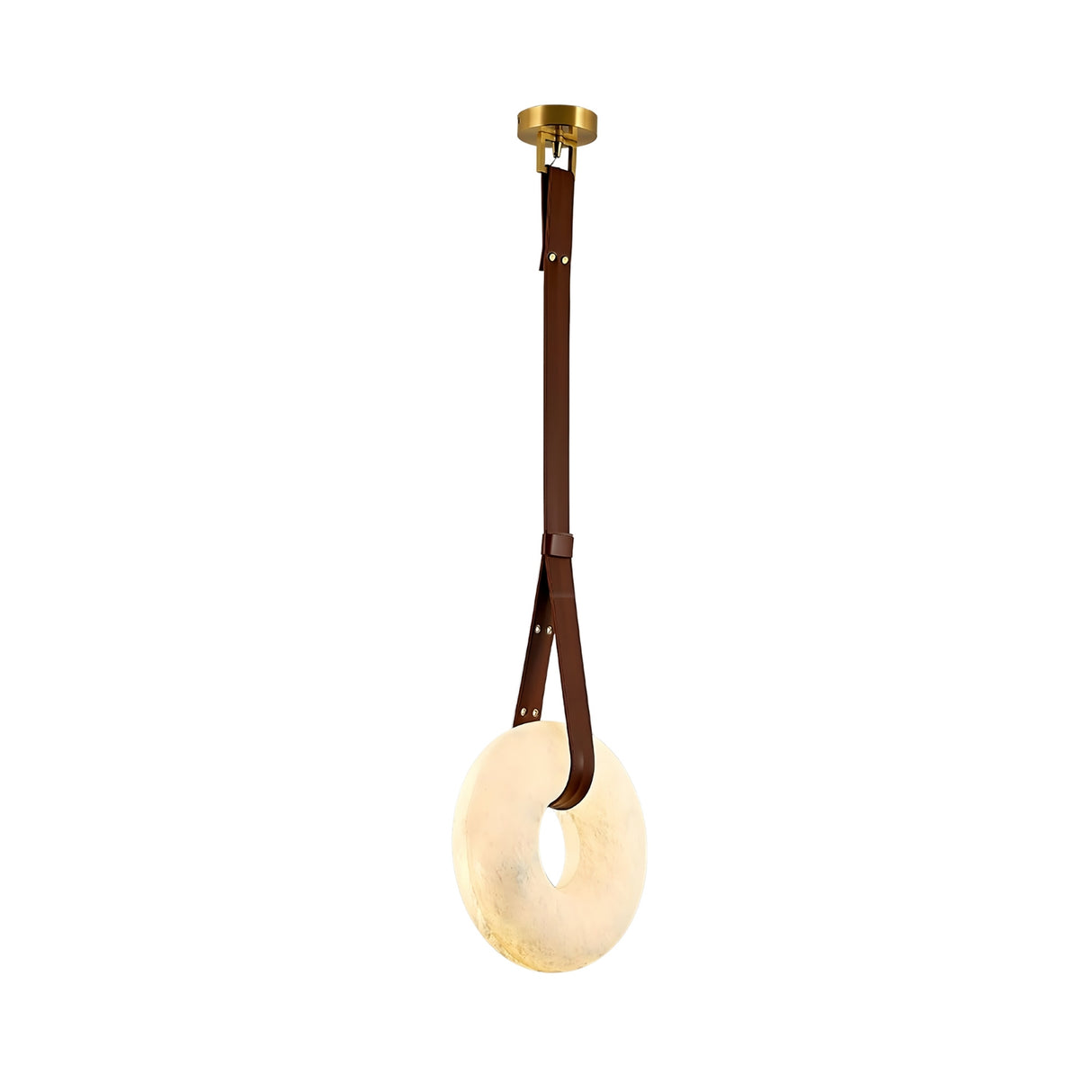 The Cintura LED Large Alabaster Single Pendant Light in soft white and brown features a circular shade, brown leather straps, and a brass ceiling mount, offering soft ambient lighting with modern style.