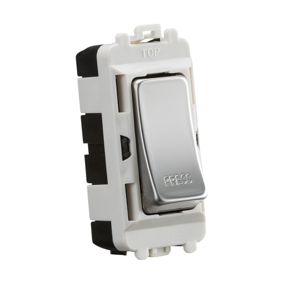 The 20AX 2 Way Retractive SP Module - Polished Chrome is a white and black wall switch with a silver PRESS button, TOP label on the frame, and seamlessly integrates into the Knightsbridge Grid system with its sleek modern design.