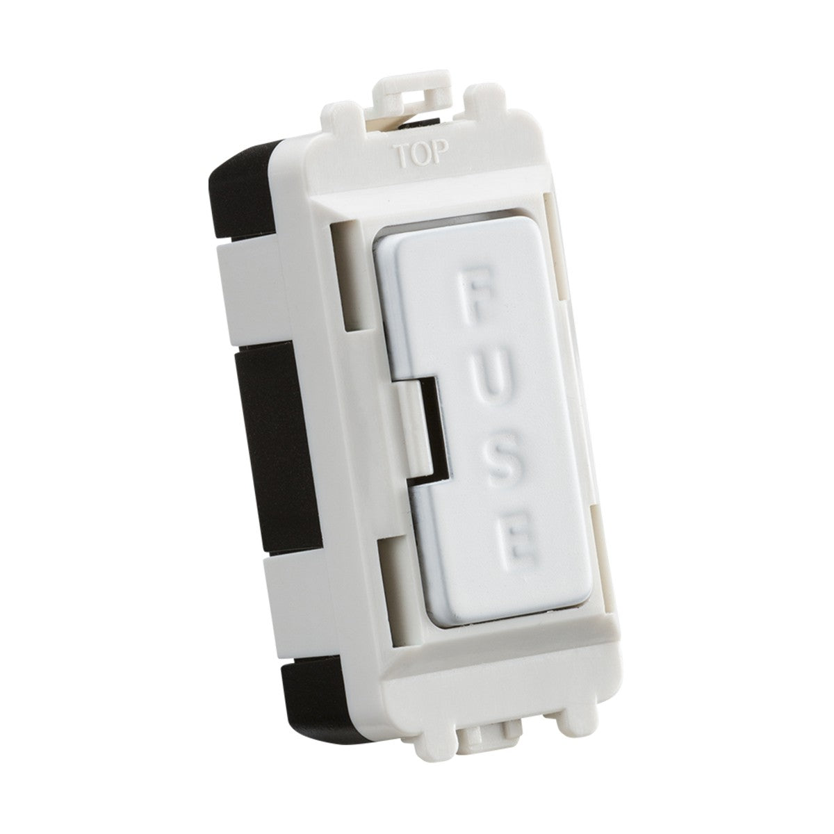 The 13A Fused Module in Matt White, designed for appliance protection within the Knightsbridge Grid system, features "FUSE" embossed on it and a replaceable 13A fuse housed in a rectangular casing. The top is clearly labeled "TOP" to ensure correct installation orientation.