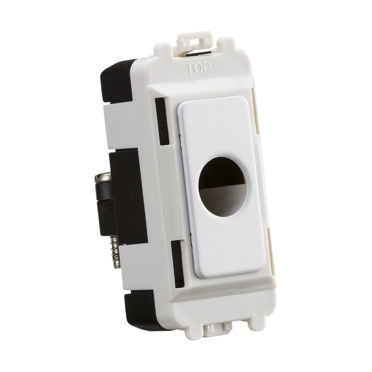 Close-up of the Flex Outlet Module, designed for use with openings up to 10mm. It features a rectangular shape with a circular hole in the center and is mounted on an ABS construction. The frame has a matt white finish complemented by black edges, and it is labeled TOP at the top, providing both functionality and sleek design.