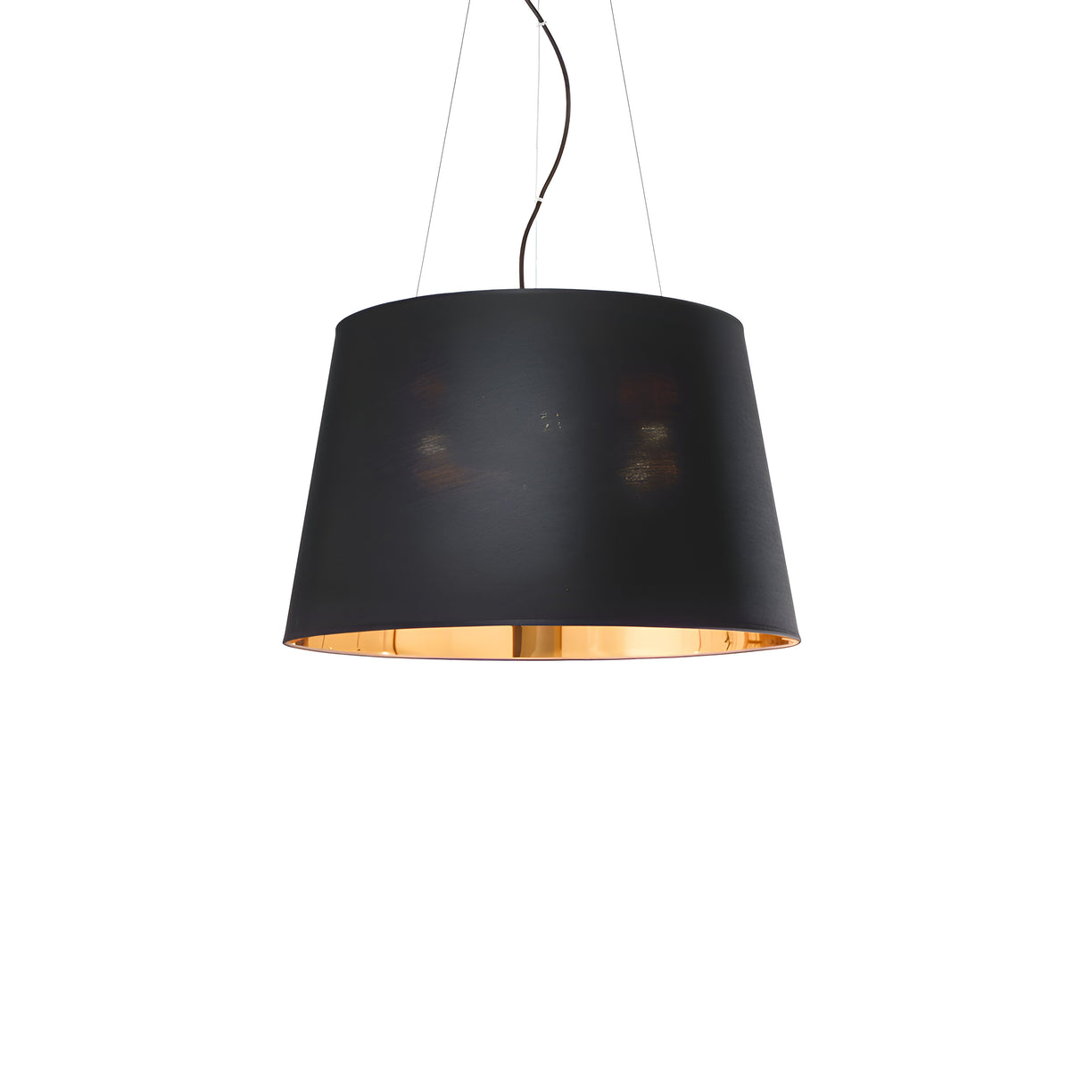 Against a white background hangs the Hive 4 Light Pendant - Black, a modern black pendant light that exudes elegance with its smooth conical shape. Perfect for dining areas, it features an interior gold lampshade and a sleek black cord that connects seamlessly to the ceiling.