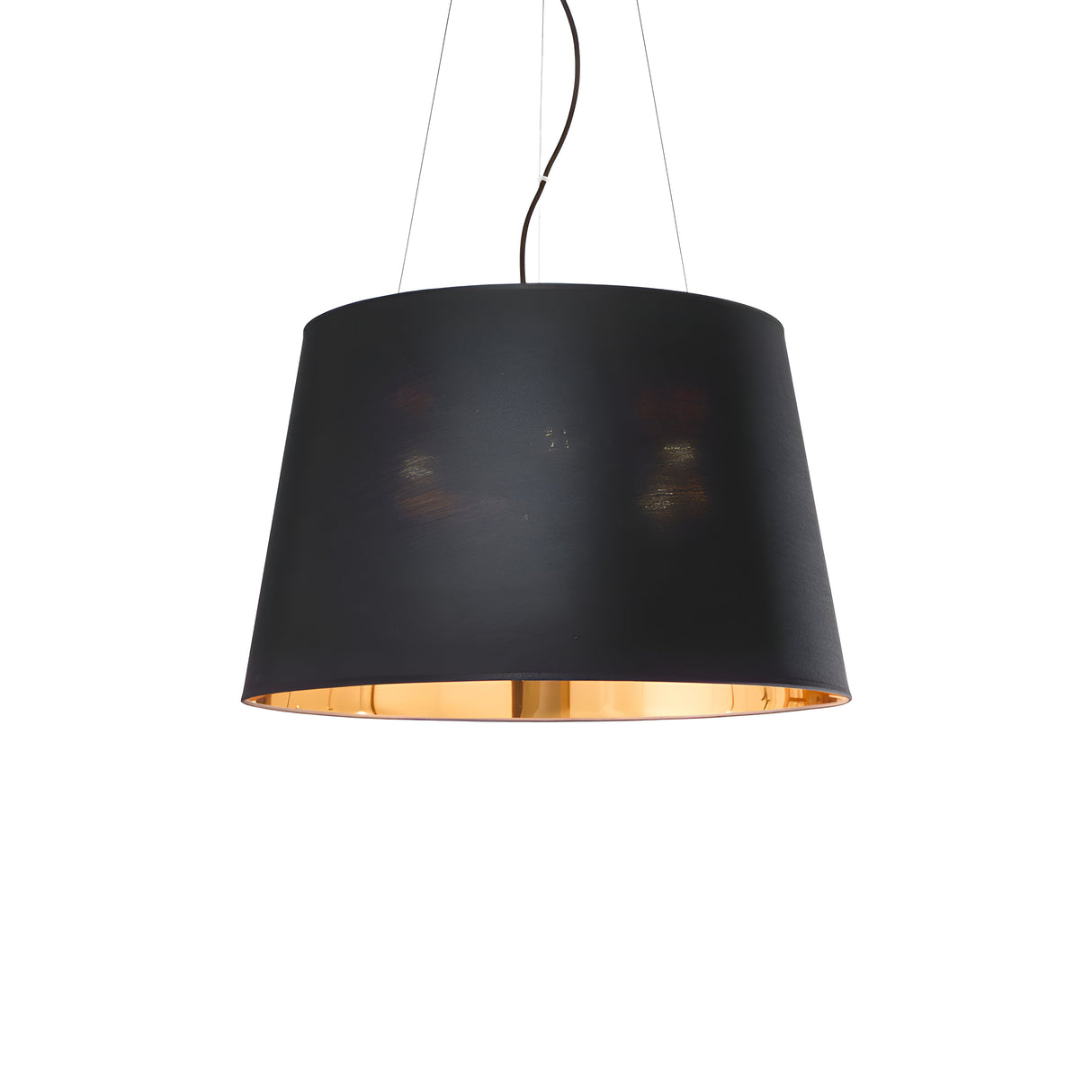 The Hive 6 Light Pendant - Black offers a contemporary lighting solution with its sleek, modern design. Featuring a smooth, cylindrical shade with a luxurious gold interior and suspended by a thin black cord against a white background, this light fixture embodies minimalist elegance.