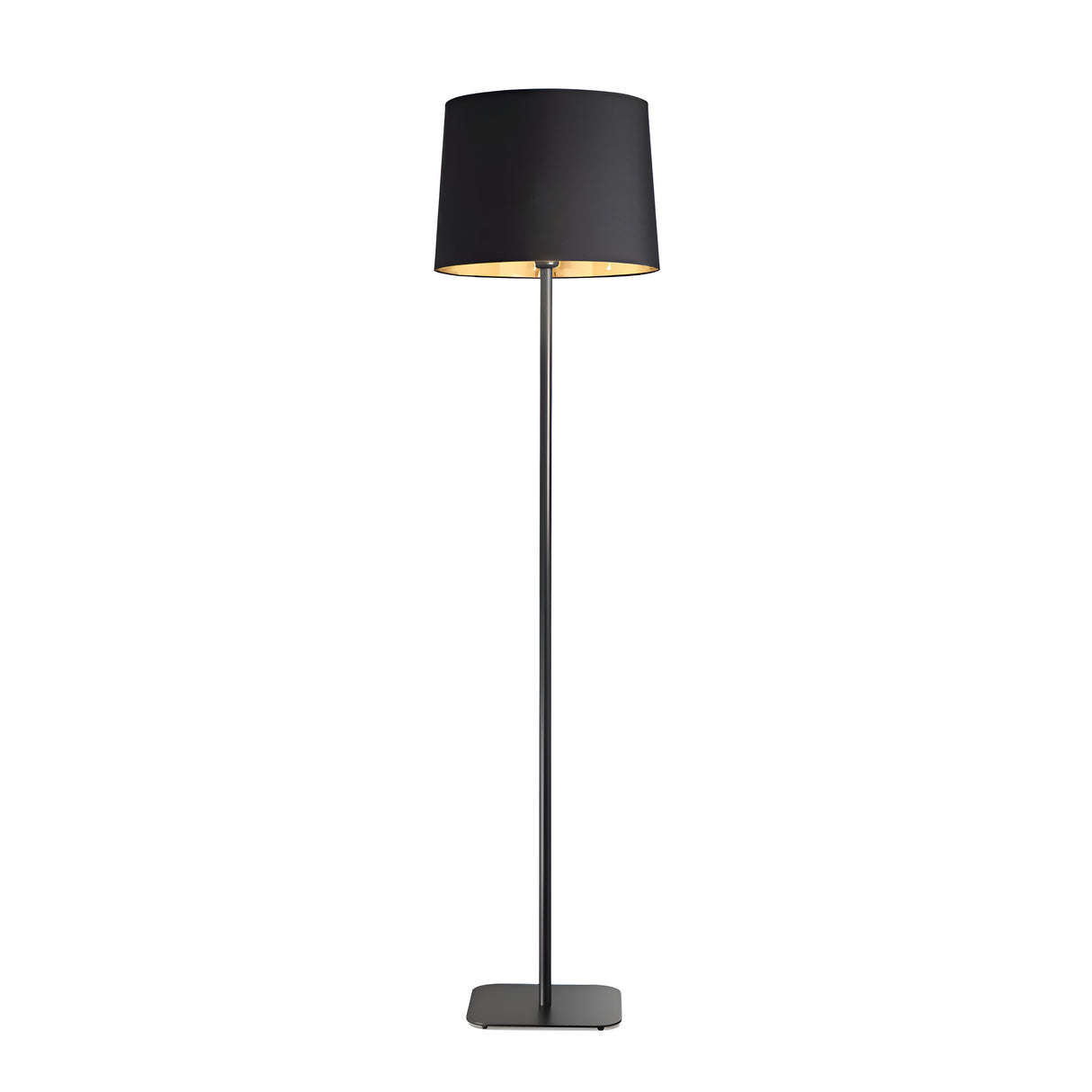 Introducing the Hive Floor Lamp - Black, a perfect representation of modern design. This elegant lamp boasts a cylindrical shade and a slender stand on a rectangular base, seamlessly enhancing any room with its luxurious ambiance.
