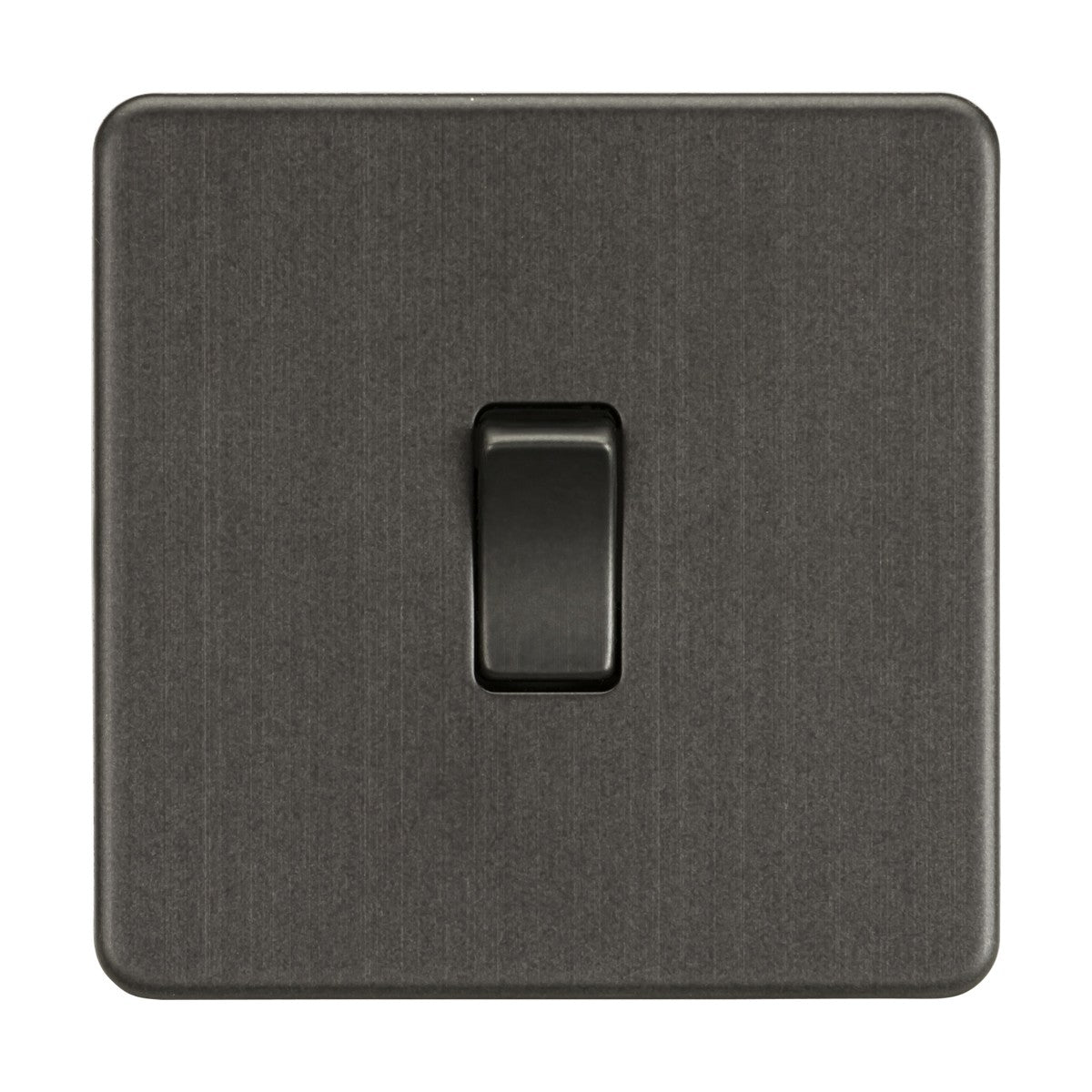 A 10AX 1 Gang DP Switch in smoked bronze, featuring a sleek, matte finish and square design. The screwless black switch is centered in the off position against a white background.