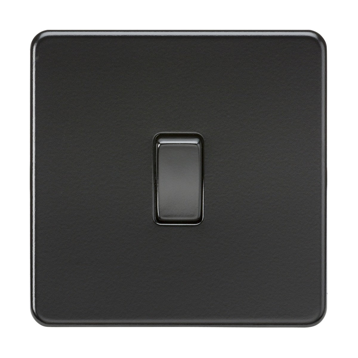 The 10AX 1 Gang DP Switch - Matt Black (Screwless) features a sleek matt black switch on a matching square plate against a white backdrop. Its screwless, low-profile design highlights a centered, slightly raised double pole switch for both functionality and minimalist elegance.