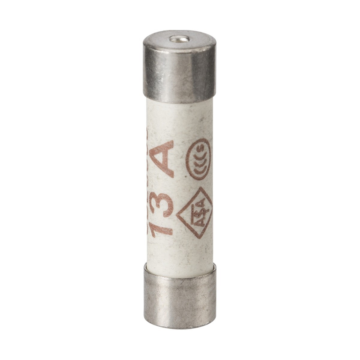 A 13A Fuse from the 10 Pack stands vertically against a white background, showing its cylindrical shape, metal end caps, white body with red "13A" marking, and BS 1362 certification symbols.