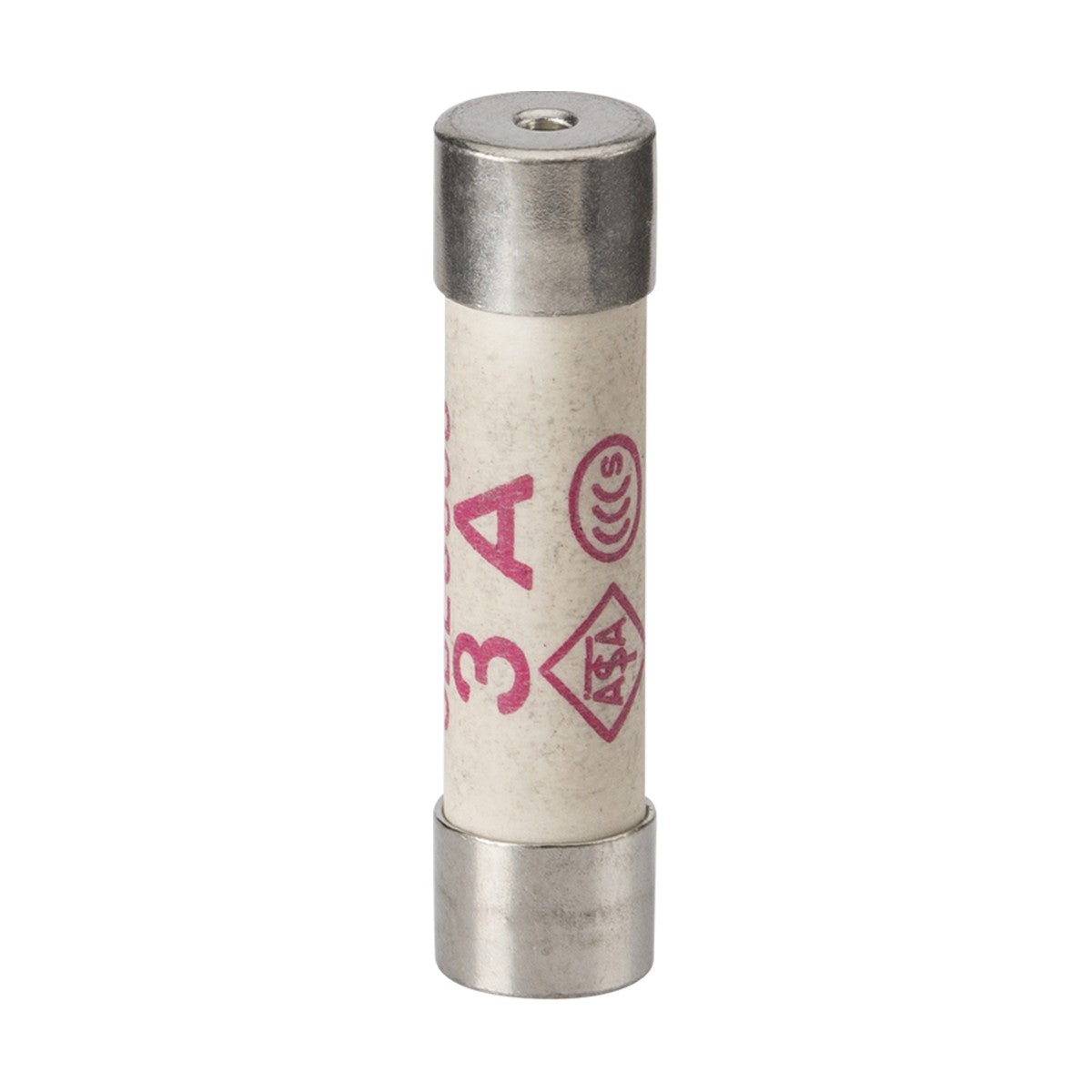 The 3A Fuse - 10 Pack contains cylindrical cartridge fuses with metal caps, a white body marked "3A" in red, and BS 1362 symbols, providing safe electrical protection at a 3-ampere rating.