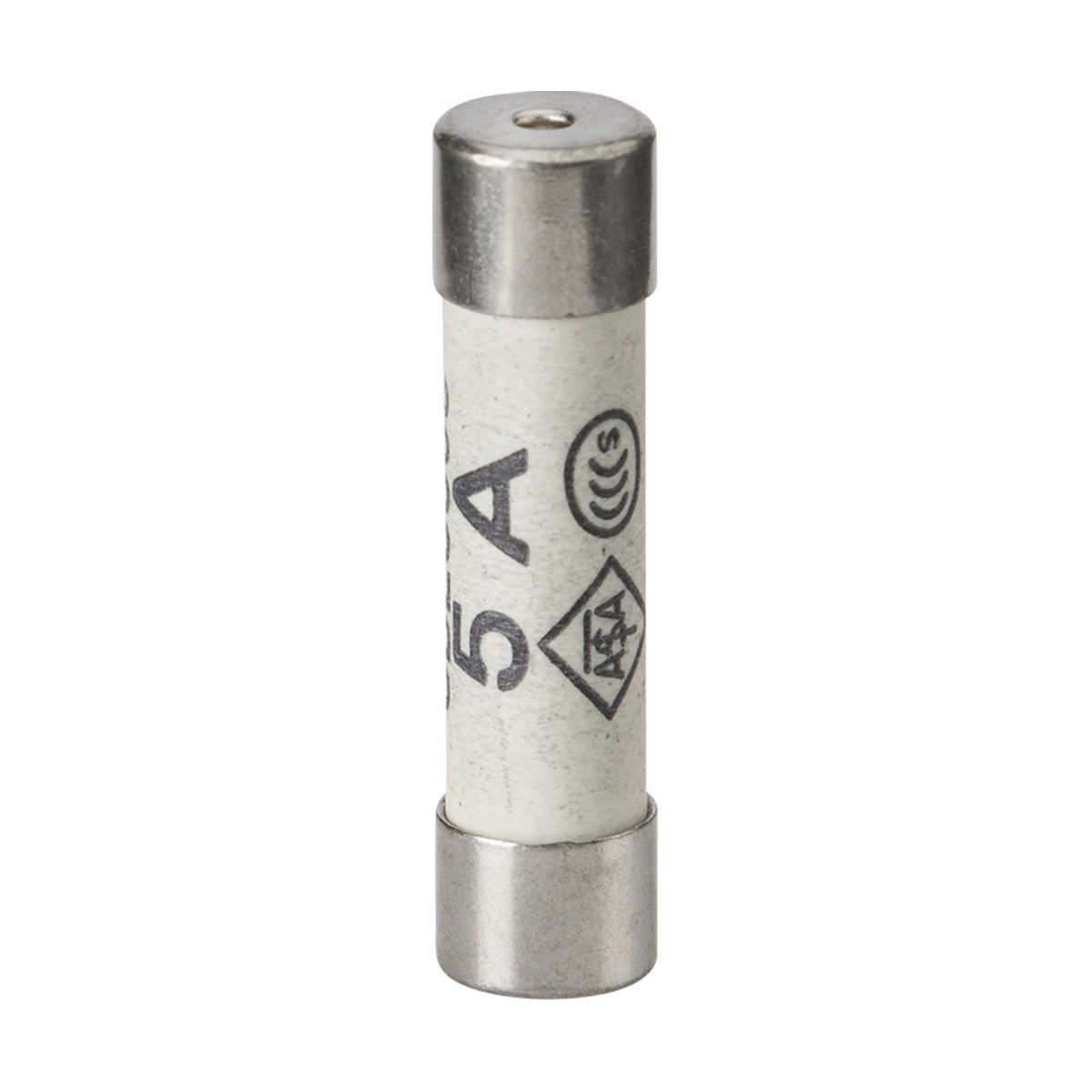 The 5A Fuse - 10 Pack features cylindrical cartridge fuses with metal caps, ceramic bodies, safety certification markings, and BS 1362 compliance.