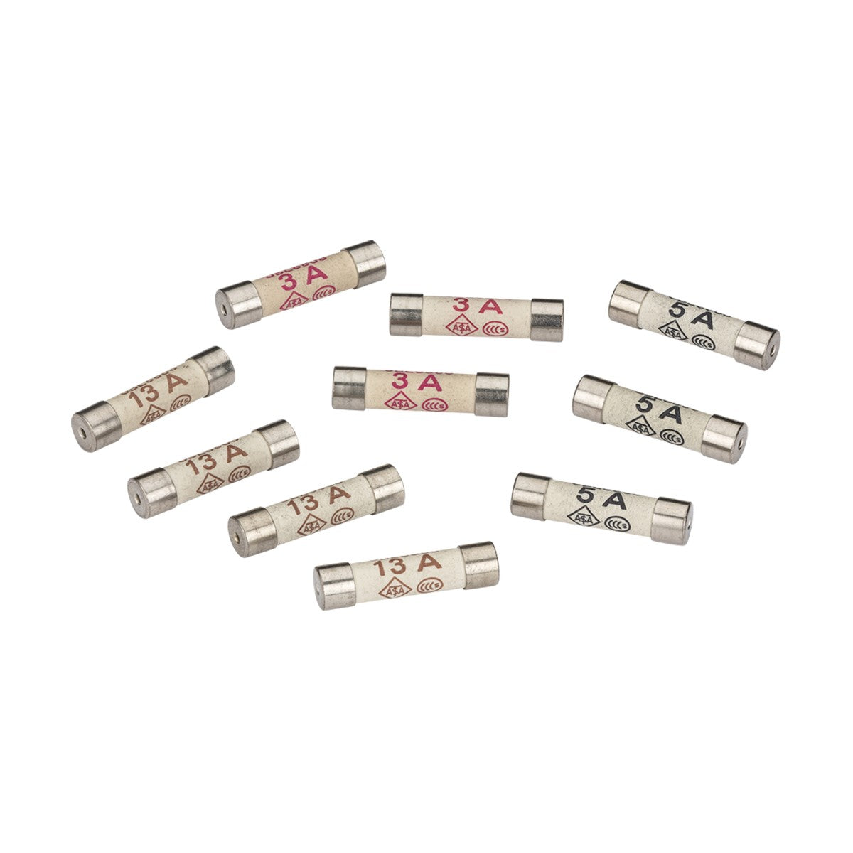 A pack of 10 Mixed Fuses (3x3A, 3x5A & 4x13A), cylindrical with metal end caps and white bodies labeled in red or black text, scattered on a white background. BS 1362 ASTA Approved for reliable electrical safety.